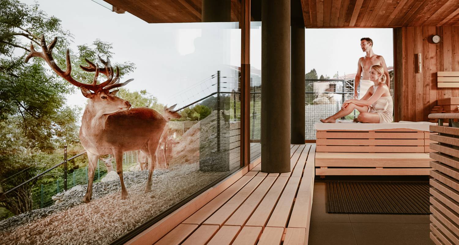 Paar in Sauna mit Hirsch