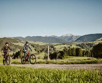 Paar mit E-Bikes in Allgäuer Natur