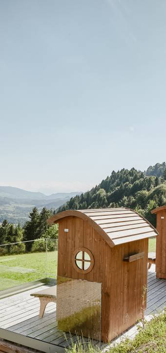 Alpenkörbe des Hotels Bergkristall mit Blick auf die Schweizer Berge