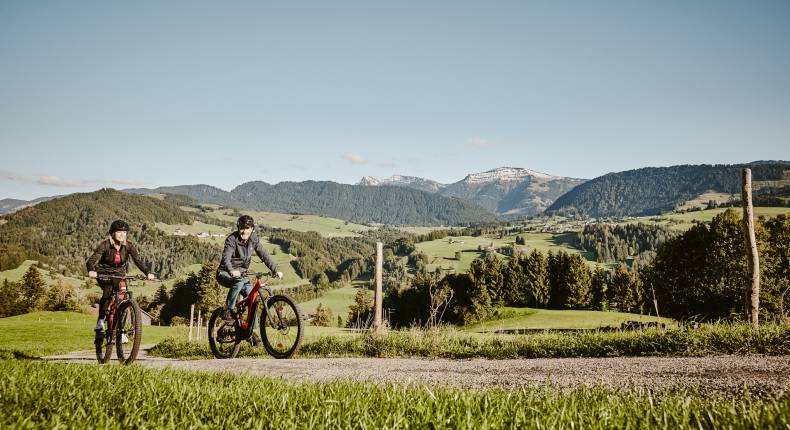 Paar mit E-Bikes in Allgäuer Natur