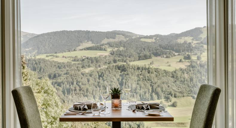 Set table in the restaurant of the Resort Bergkristall