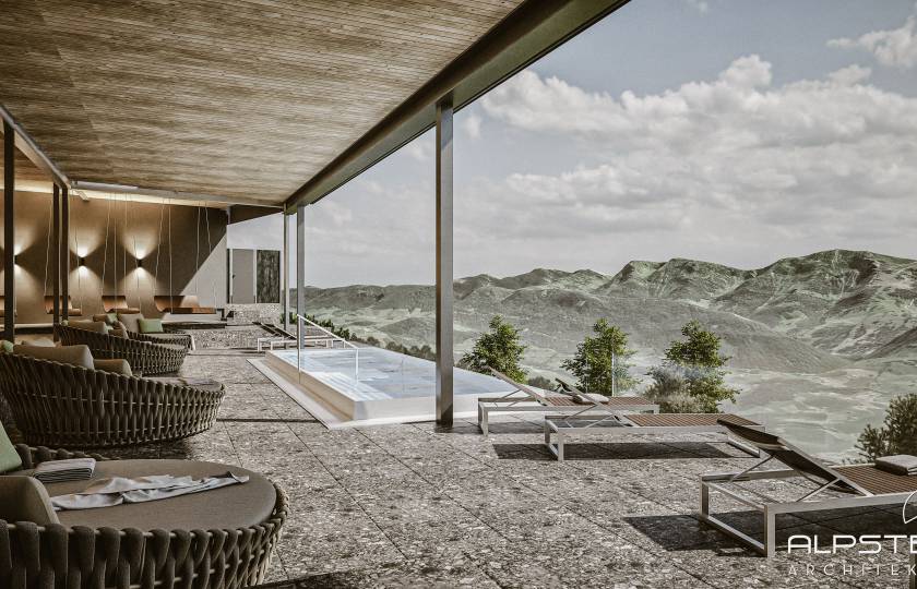 Rendering der Außenanlage mit Whirlpool des Wellnesshotels Bergkristall