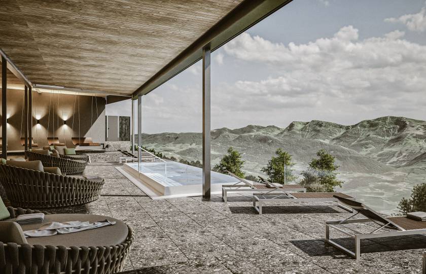 Rendering der Außenanlage mit Whirlpool des Wellnesshotels Bergkristall